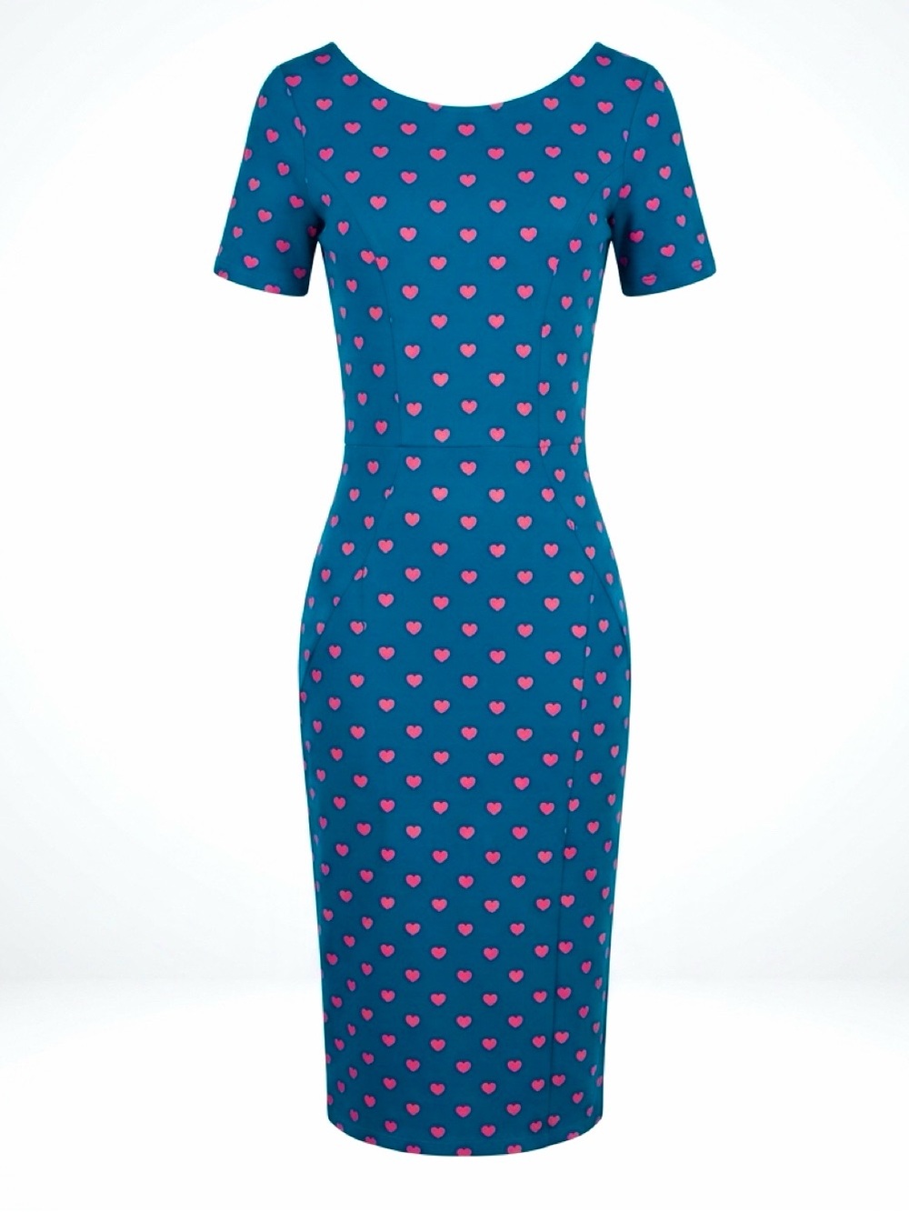 Unique Vintage Teal Heart-Print short sleeve bodycon dress,S, EUC - Picture 2 of 12